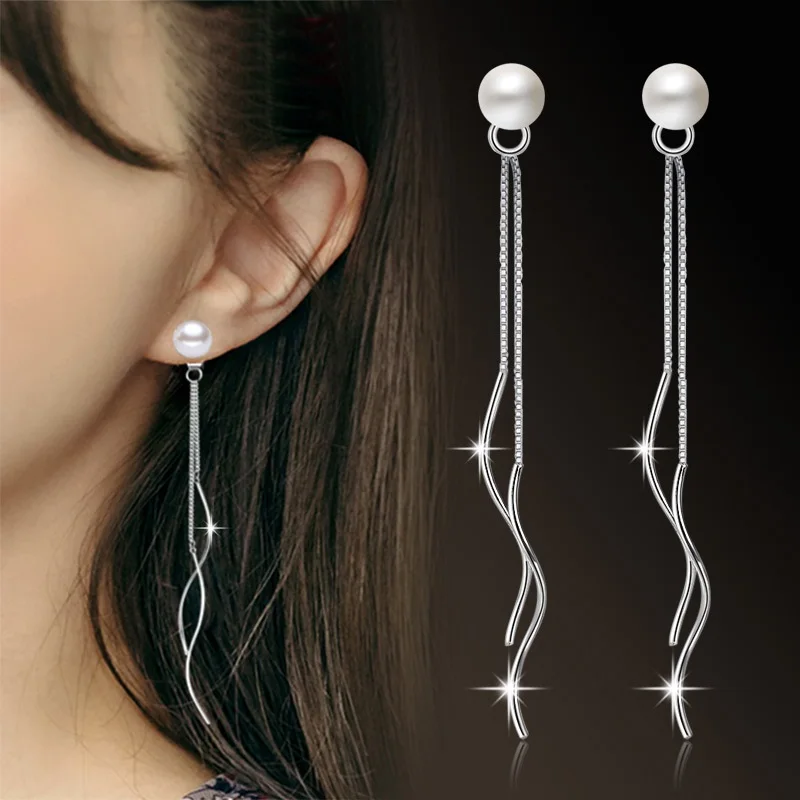

OMHXZJ Wholesale European Fashion Woman Girl Party Birthday Wedding Gift Pearl Tassel S925 Sterling Silver Stud Earrings YS499