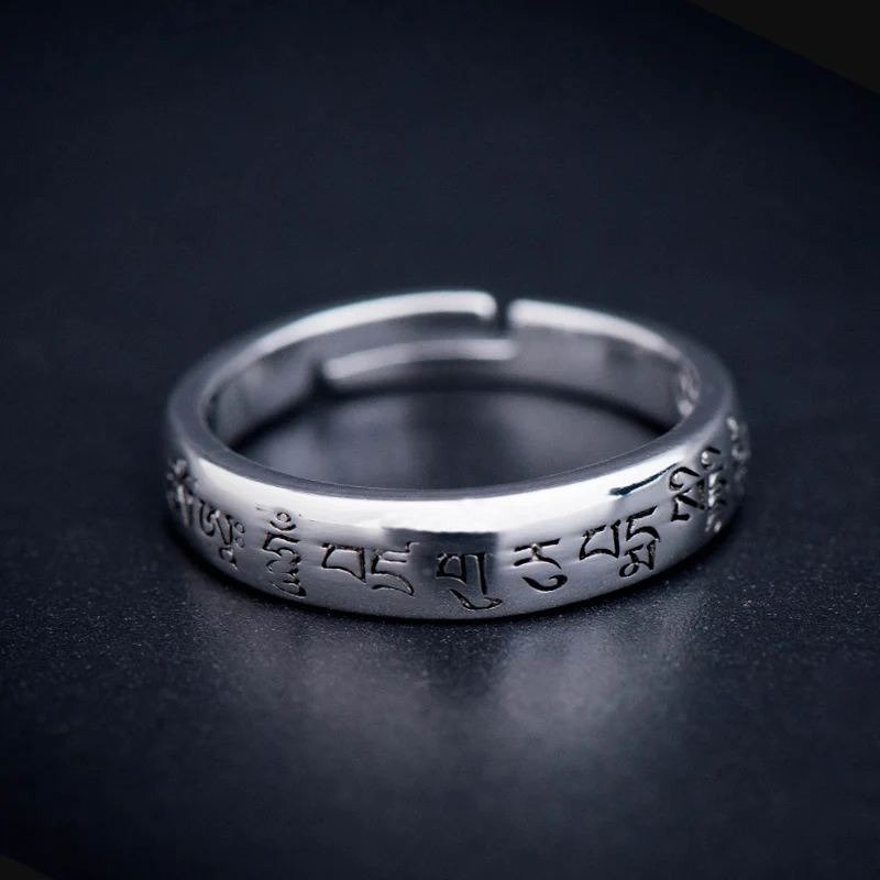 Серебряное кольцо S925 пробы с резьбой по буддийскому Писанию регулируемый размер