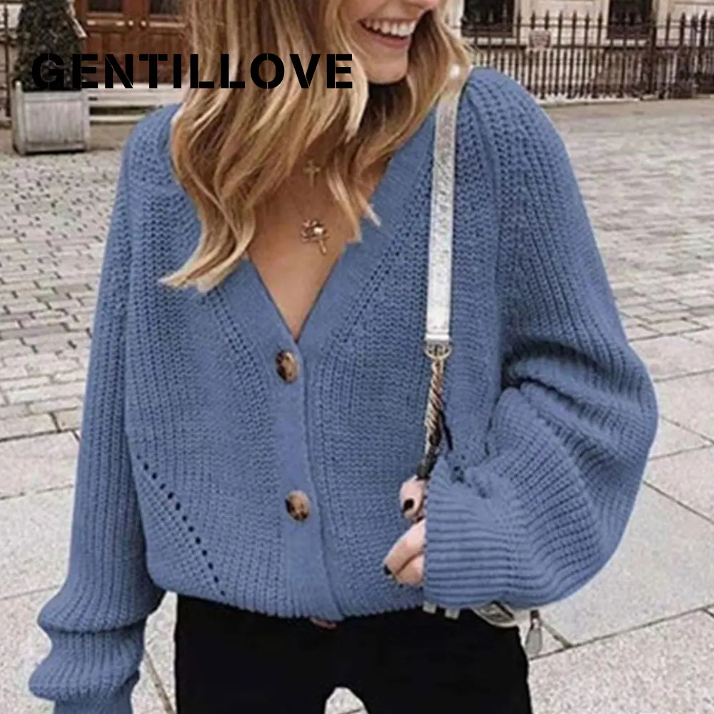 

Autumn Winter Loose Women Sweater Cardigan Knitted Solid Top Single Breasted Lantern Long Sleeve V Neck Casual Coat Chic Blouse