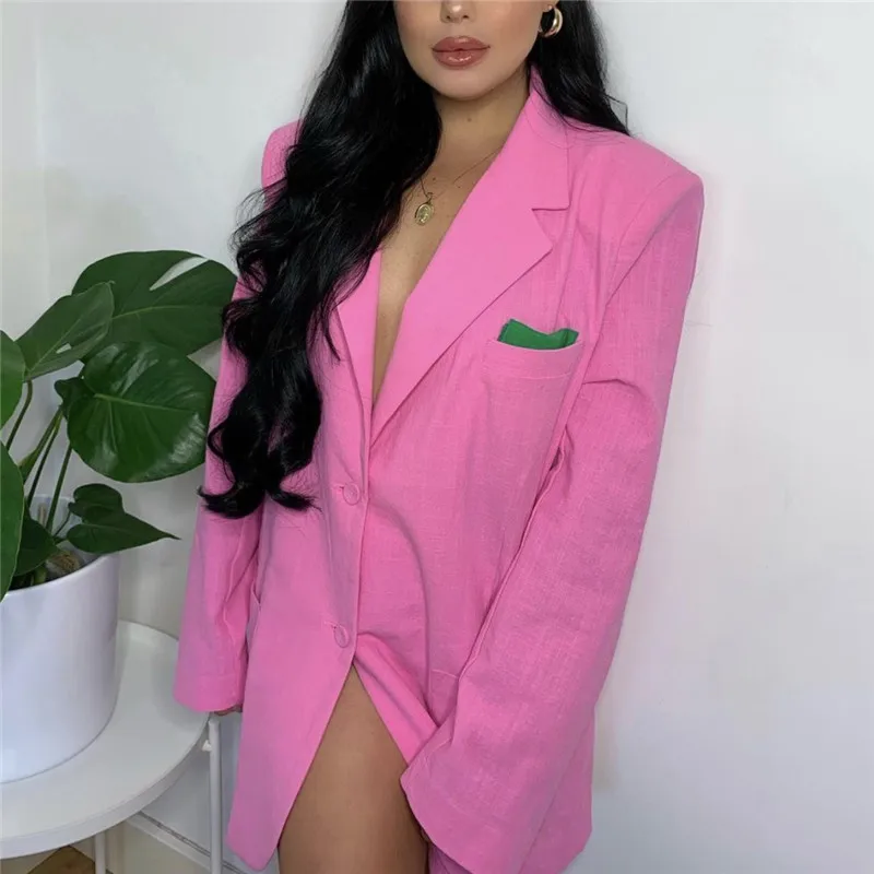 

Fashion Cotton Pink Suit Jacket Women's Loose Single Breasted BlazerOversized Streetwear Top