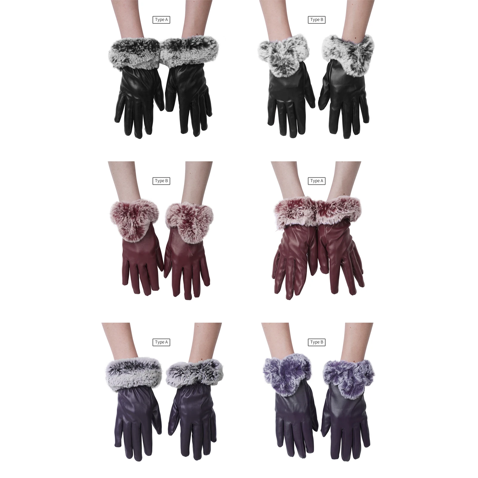 1Pair Touch Screen Gloves Imitate Rabbit Fur PU Leather Women for Cycling Warmth Winter Warm Female Trim Cuff Mittens | Аксессуары для