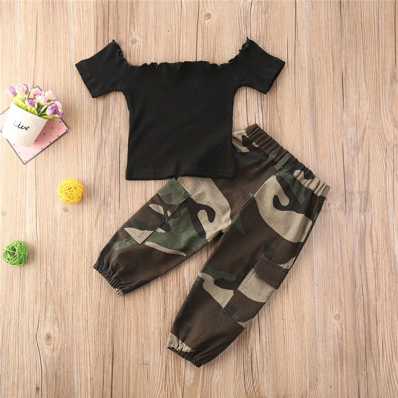 

2020 Toddler Kid Baby Girl Summer Short Sleeve Off Shoulder T-shirt Top+Camouflage Print Pants Outfit Set Clothes 2pcs 1-6Y