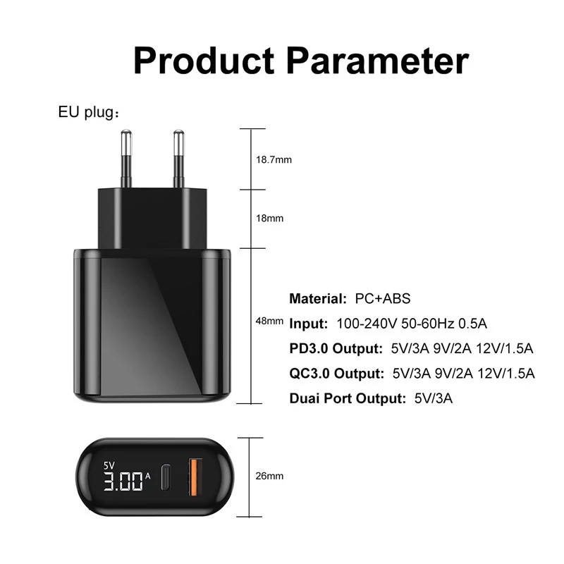 Зарядное устройство QC 4 0 PD с USB-кабелем 18 Вт быстрое зарядное европейской вилкой