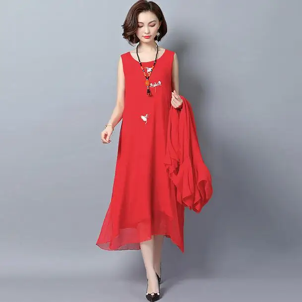 Шифоновое винтажное платье с вышивкой женское Свободное длинное летнее vestidos