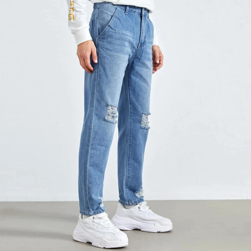 2022 Autumn Street Straight Leg Denim Pants Slim-Fit Men's Ripped Jeans Casual Wear And Wash Pocket Men Trousers Size S-2XL