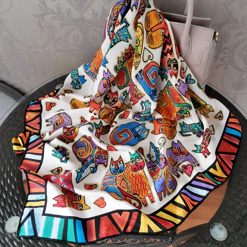 100% шелк тутового шелкопряда квадратные шарфы для женщин с рисунком кота шелковый