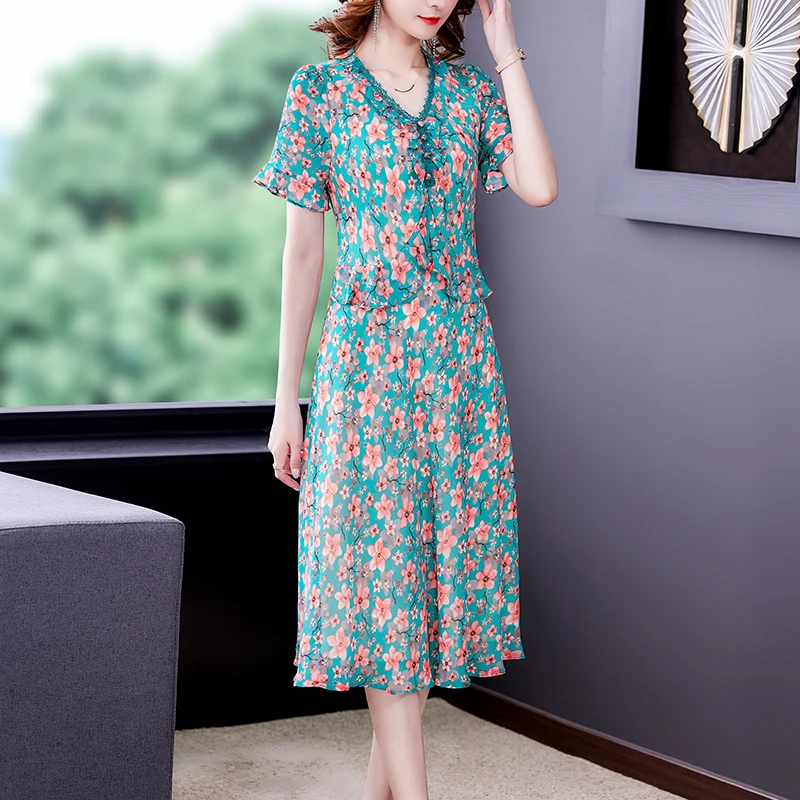 

COIGARSAM Women Long Dress Summer 2021 New Office Lady Floral Print Chiffon V-Neck Pink Blue Dresses Traf Vestidos Robe