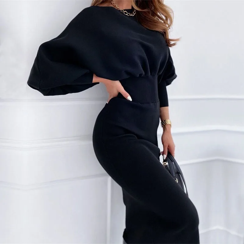 

Fashion O-neck Long-sleeved Pencil Skirt Female 2021 Autumn and Winter Black Pink Tights Elegant Office Woman Dress Robe Viper