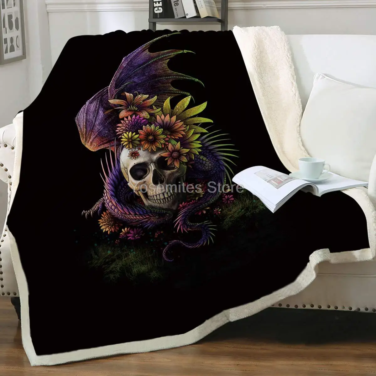 

Flowery Skull by SunimaArt Skull and Dragon Blankets Adults Kids Fleece Throw Blanket Boys Girls Soft Reversible Plush Blanket P