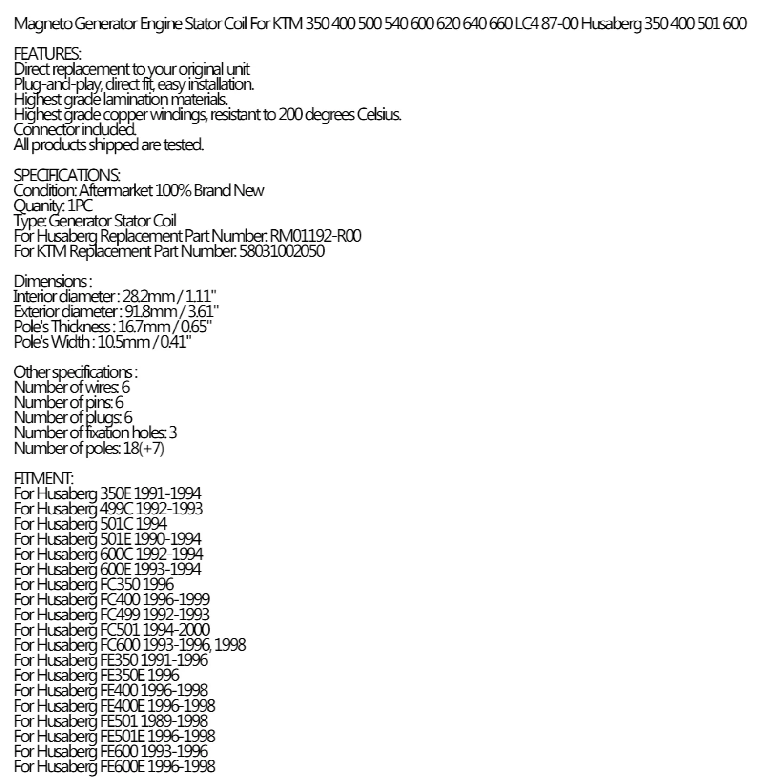 Areyourshop для KTM 350 400 500 540 600 620 640 660 LC4 87-00 для Husaberg 350 Магнето генератор, двигатель обмотки статора 58031002050