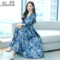 2022 autumn blue long sleeve casual dress robe fashion vintage floral maxi prom evening dresses for women elegant party vestidos
