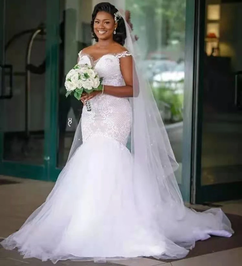 

2021 White Lace Appliques Mermaid Wedding Dresses Black Girl Bride Gown Robe Mariee Vestidos De Noiva