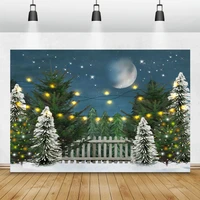 winter christmas tree photo background snow night view moon shiny star gray fence baby children portrait photography backdrop