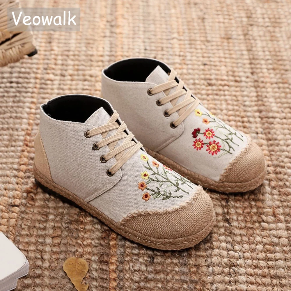 

Veowalk Handmade Women Canvas Embroidered High Top Lace Up Espadrilles Sneakers Autumn Casual Booties Shoes Gray Beige Black