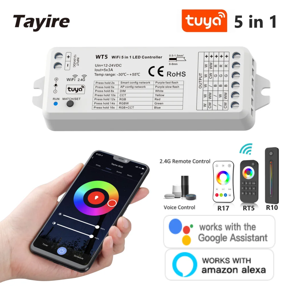 

WT5 TUYA Smart LED Controller DC 12V 24V 5 Channels DIM RGB RGBW RGBWW RGBCCT Strip 2.4G RF Remote Google Plus Voice Control