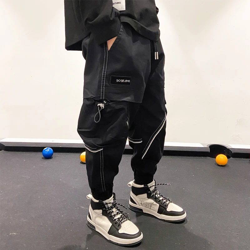 

2021 Black Cargo Pants Boys Autumn Harem Pant Streetwear Harajuku Jogger Sweatpant Trousers Kids clothes for boys 10 to 12 years