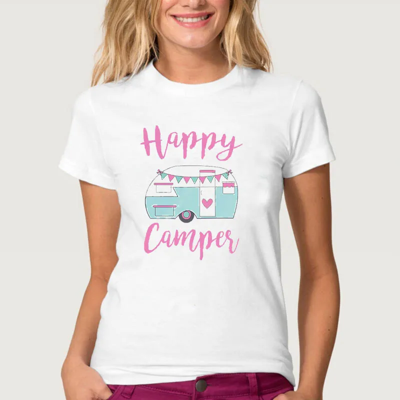 Женская Повседневная футболка с короткими рукавами принтом Happy Camper одежда