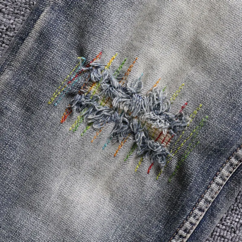 Newly Street Style Fashion Men Jeans Retro Distressed Elastic Slim Fit Ripped Jeans Men Embroidery Designer Hip Hop Denim Pants