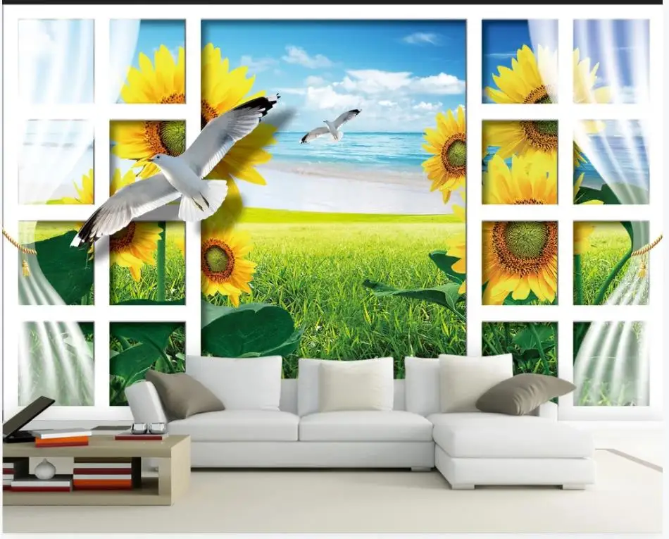 Пользовательские фото обои 3d фрески для стен Подсолнух Чайка из окна декорации