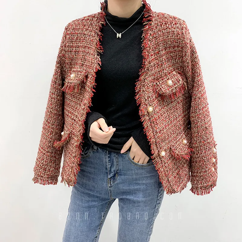 

2021 Autumn Tweed Tassel Vintage Coats Jackets Women Long Sleeve Double-breasted Fashion Ladies Elegant Women Clothes Jackets