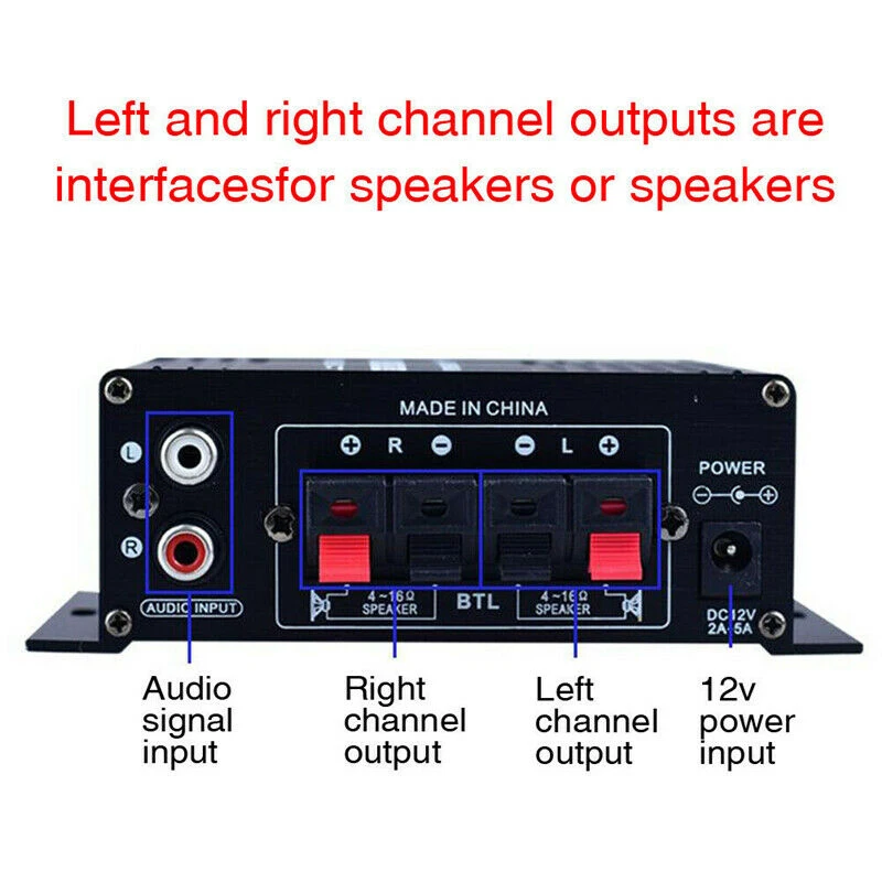 AK270 12V Mini Audio Power Amplifier Digital Audio Receiver AMP Dual Channel 20W+20W Bass Treble Volume Control for Car Home Use