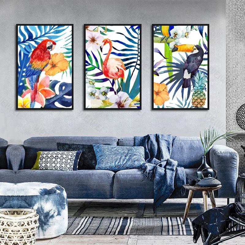 

Scandinavian Home Decor Cuadros Poster And Print Watercolor Canvas Painting Parrot Flamingo Modular Nordic Wall Art Picture