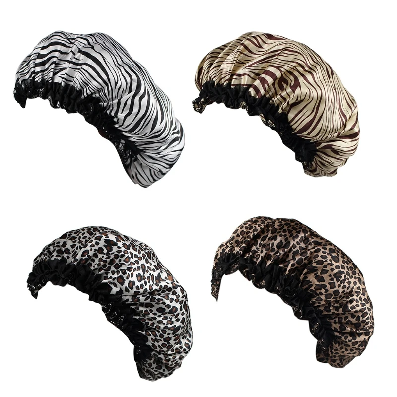 

P8DB Unisex Leopard/Zebra Pattern Night Satin Lace Hair Care Bonnet Chemo