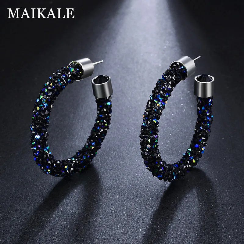 BLUE MAIKALE большие с-образные серьги-кольца для девочек с австрийскими стразами Серебристые модные ювелирные изделия блестящие круглые серьги со стразами для женщин - Окраска металла: BLUE