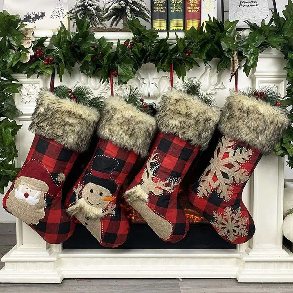 

Big Christmas Stockings Xmas Stockings Burlap Plaid Snowflake Santa Snowman Reindeer Plush Faux Fur Cuff Family Pack Stockings