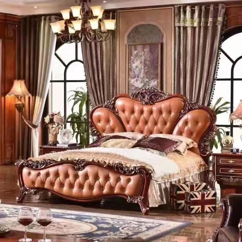 

modern european solid wood Walnut bed 2 people Fashion Carved genuine leather french bedroom furniture 21119