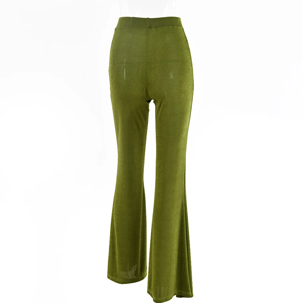 

2021 Spring High Waist Flare Stretch Pants For Women Fashion Green Slim Long Trouser Streetwear Casual Solid Woman Pants