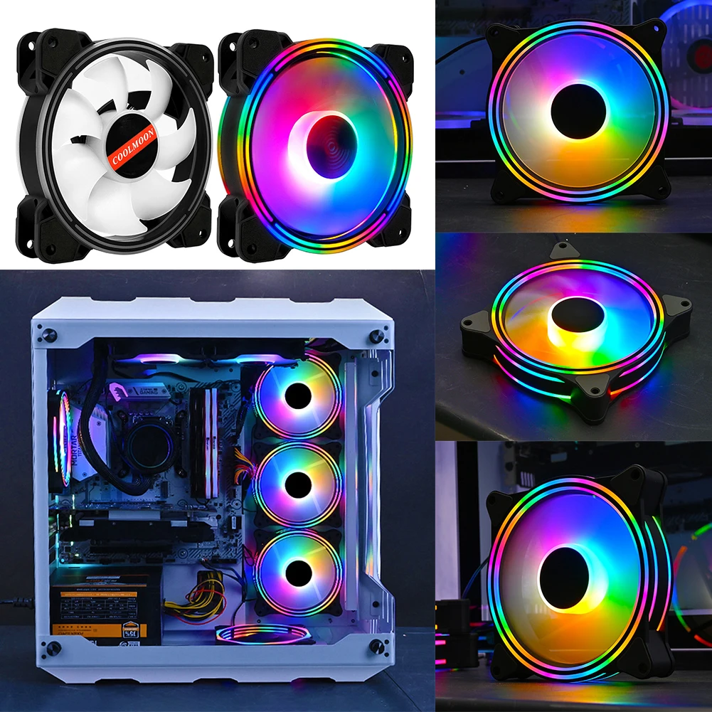

COOLMOON 12cm PC Case Cooling Fan Quiet Large 4 Pin LED Surrounds Heatsink Radiator Silicone Shock-Proof Noise-Reduction Fan