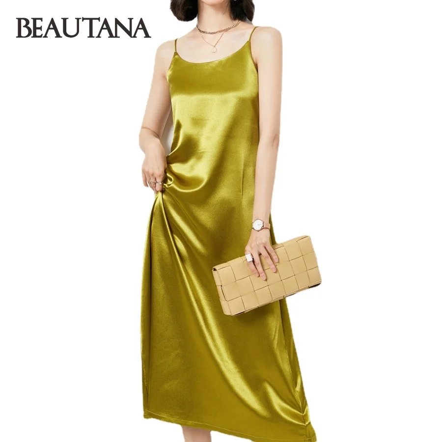 

BEAUTANA скольжения сатиновое платье для девочек 2021 летние однотонные Спагетти ремень Разделение Vestidos пикантная обувь для ночного вечерние ха...