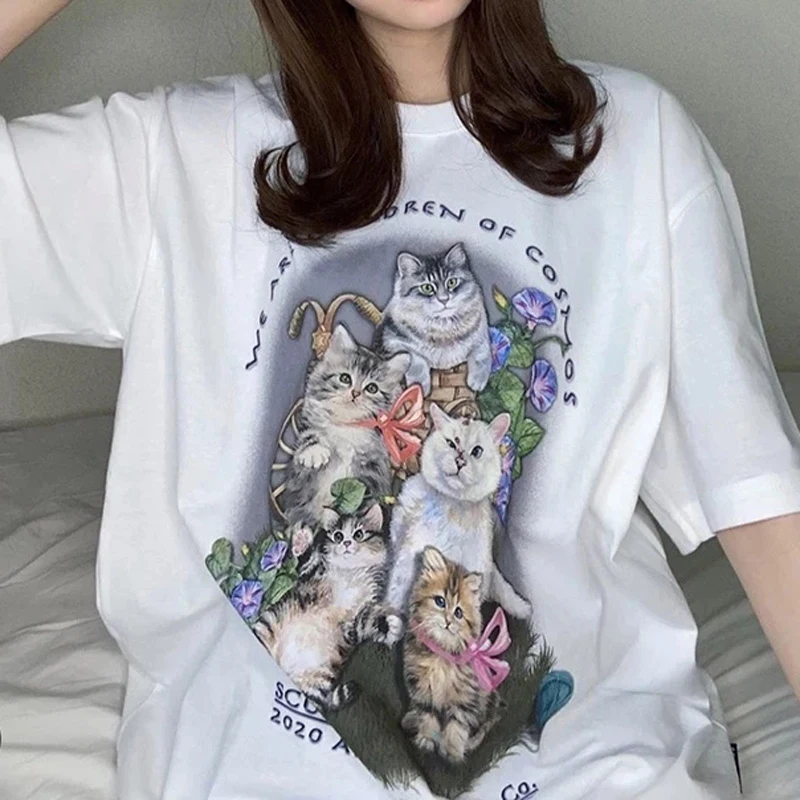 Летняя корейская модная рубашка Kawaii милый кот Ins винтажный Ретро стиль хипстер