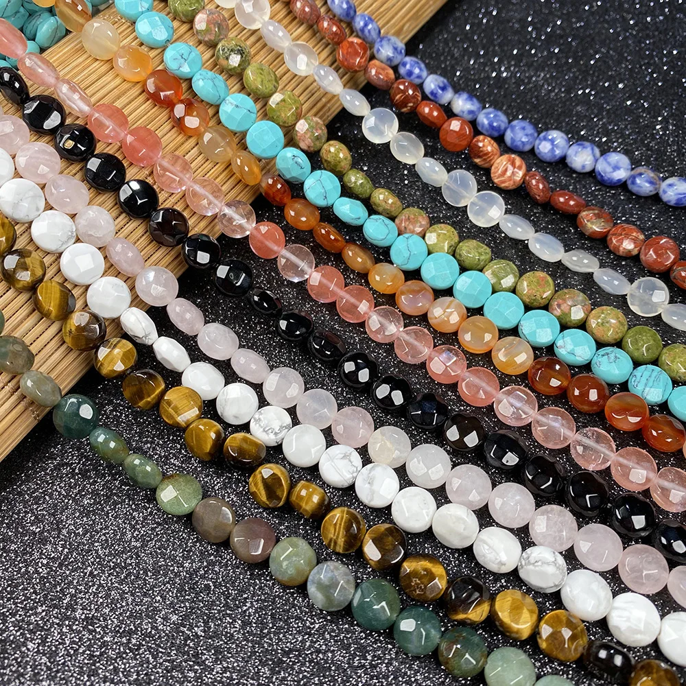 

Natural Stone Beads Faceted Flat Round Shape Loose Beads 8x8mm for DIY Women Jewelry Bracelet Making Length 25pcs/strand 20cm