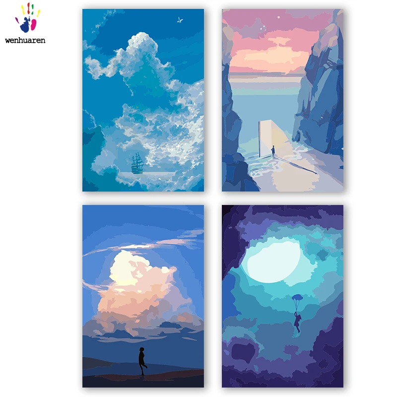 DIY картинки для раскраски по номерам с цветами синий пейзаж вид на океан картина