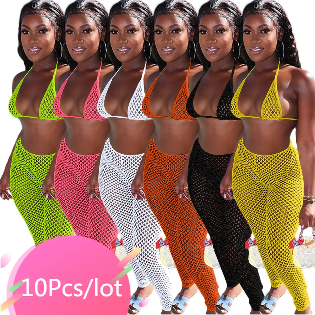 

Bulk Lots Wholesale Items Summer Swimsuit 3 Piece Set Sexy Fishnet Hollow Out Bikini Sets Halter Bra Top See Though Bathing Suit