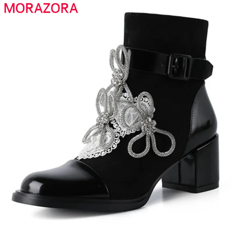 

MORAZORA 2022 Hot Sale Ankle Boots Women Shoes Sweet Bowknot Round Toe Fashion Style Thick Heels Winter Casual Shoes Ladies
