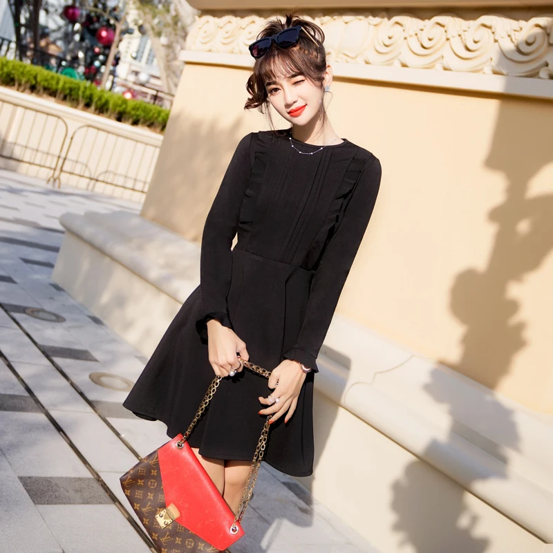 

Mazefeng New 2020 Spring Summer Women Dresses O-Neck Ruffles Solid Elegant High Waist Pullover Ladies A-line Dresses Midi