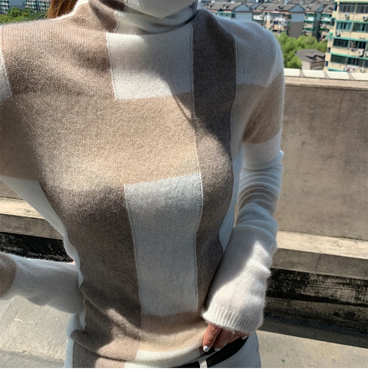 

OLOME New Cashmere Sweater Women's High-Neck Color Matching 100% Pure Wool Pullover Fashion Plus Warm Knitted Bottoming