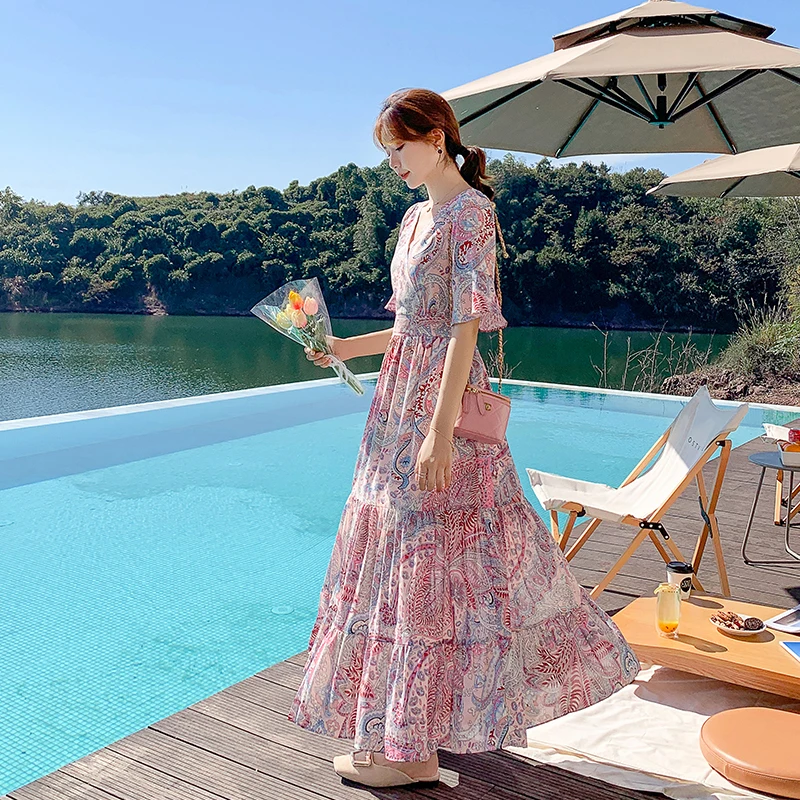 

New Designer Summer Floral Print Women Chiffon Long Dresses Vintage V-Neck Boho Beach Ruffles Casual Robe Dress Vestidos