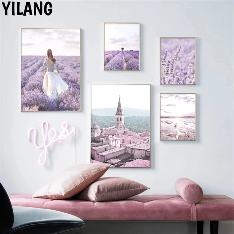 Прованс Фиолетовый Лаванда вино замок девушка пляж скандинавский настенный
