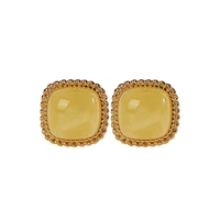 s925 sterling silver gold plated natural amber beeswax stud earrings graceful and petite versatile womens geometric square
