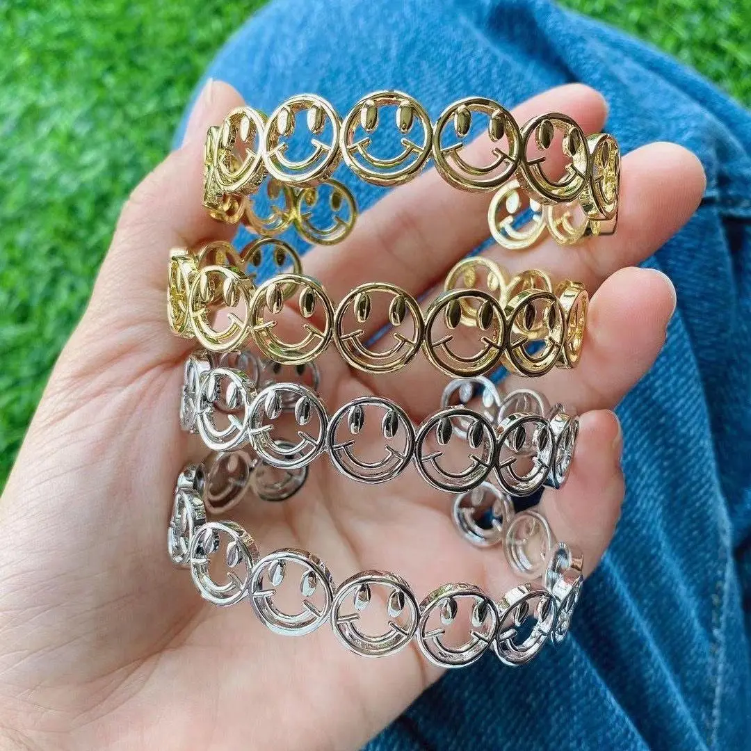 

5PCS, Copper Gold / Silver Color Happy Face Bangle For Women Charm Bracelets & Bangles Set Mujer Female Fashion Jewelry
