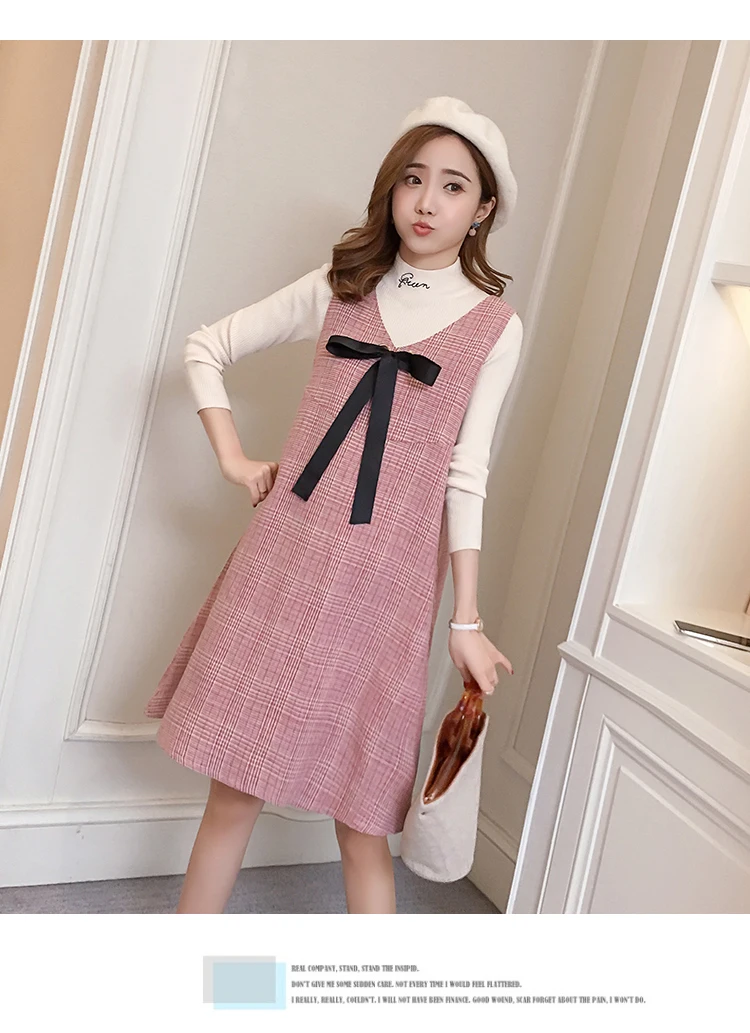 6596# 2PCS/Set Autumn Korean Fashion Maternity Dress Sweet Lovely Straight Loose Clothes for Pregnant Women Fall Pregnancy