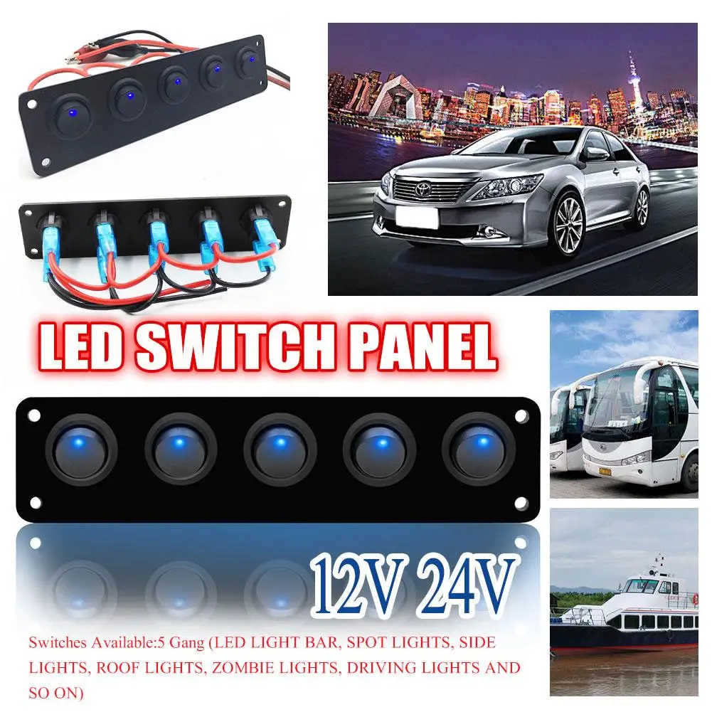

12-24V 5 Gang Rocker Switch Round Toggle Switch Waterproof Blue LED Panel For Marine Yacht RV Caravans Trailers Buses Boats