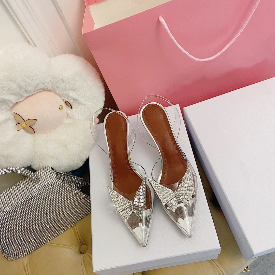 

Transparent sandals women's net red water diamond socialite temperament crystal thin heel pointed heels Korean version soft