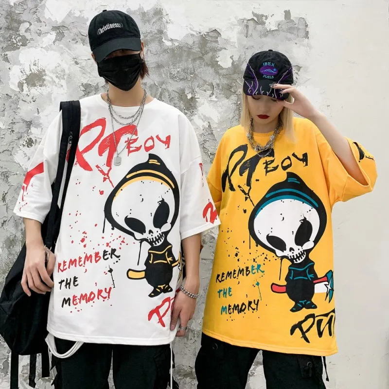 

2021 Spring Summer New INS Fashion Printed Skull Pure Cotton Short-sleeved T-shirt Men and Women Short Half-sleeve Shirt Loose S