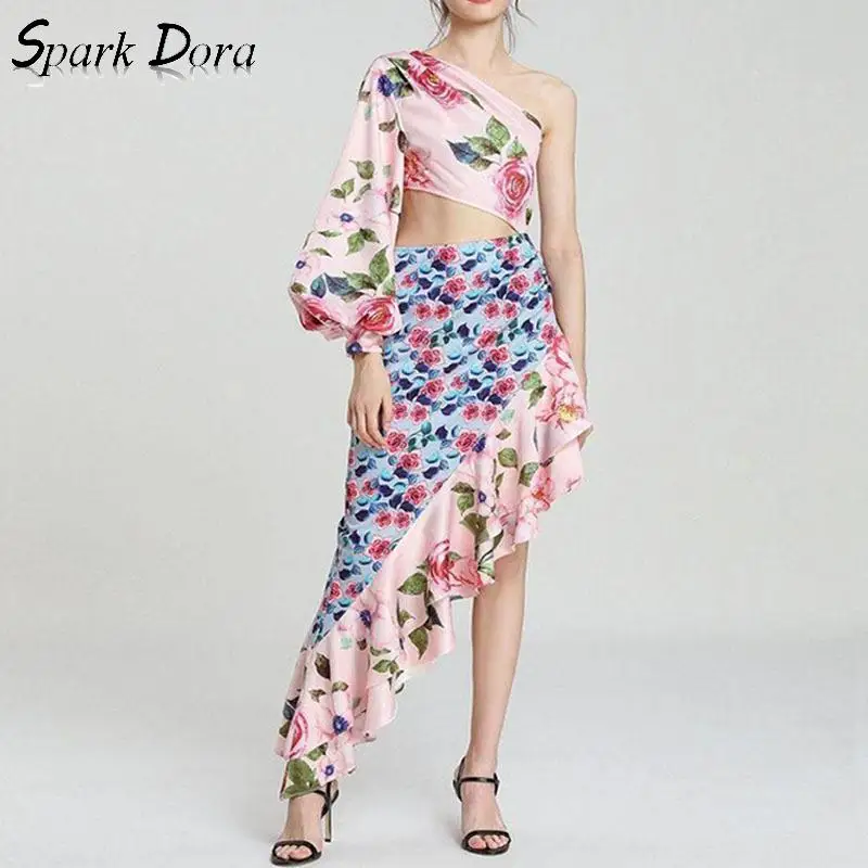 

Free Shipping Elegant Dress Asymmetric Waist Streetwear Fashion Secy Lantern Sleeve Dress Women Hit Color High Waist Vestidos