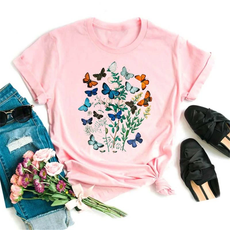 

Модная женская футболка с принтом бабочки и цветов, симпатичная футболка с коротким рукавом и графическим принтом в стиле Харадзюку, женска...